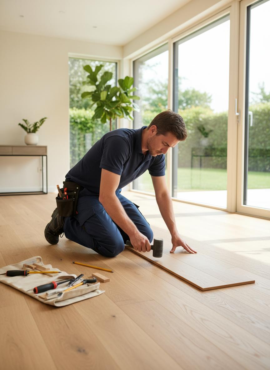 Professional flooring installer at work